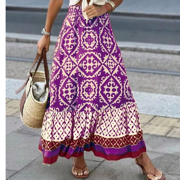 Boho Color Block Print Stretchy Waist Ruffle Hem Skirt - Picture 11 of 14